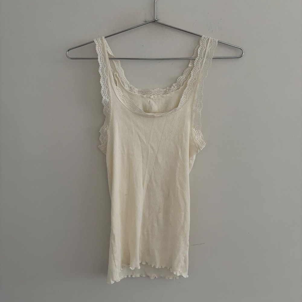 Vintage Lace Trim Ribbed Tank Top Cream Sleeveless Camisole